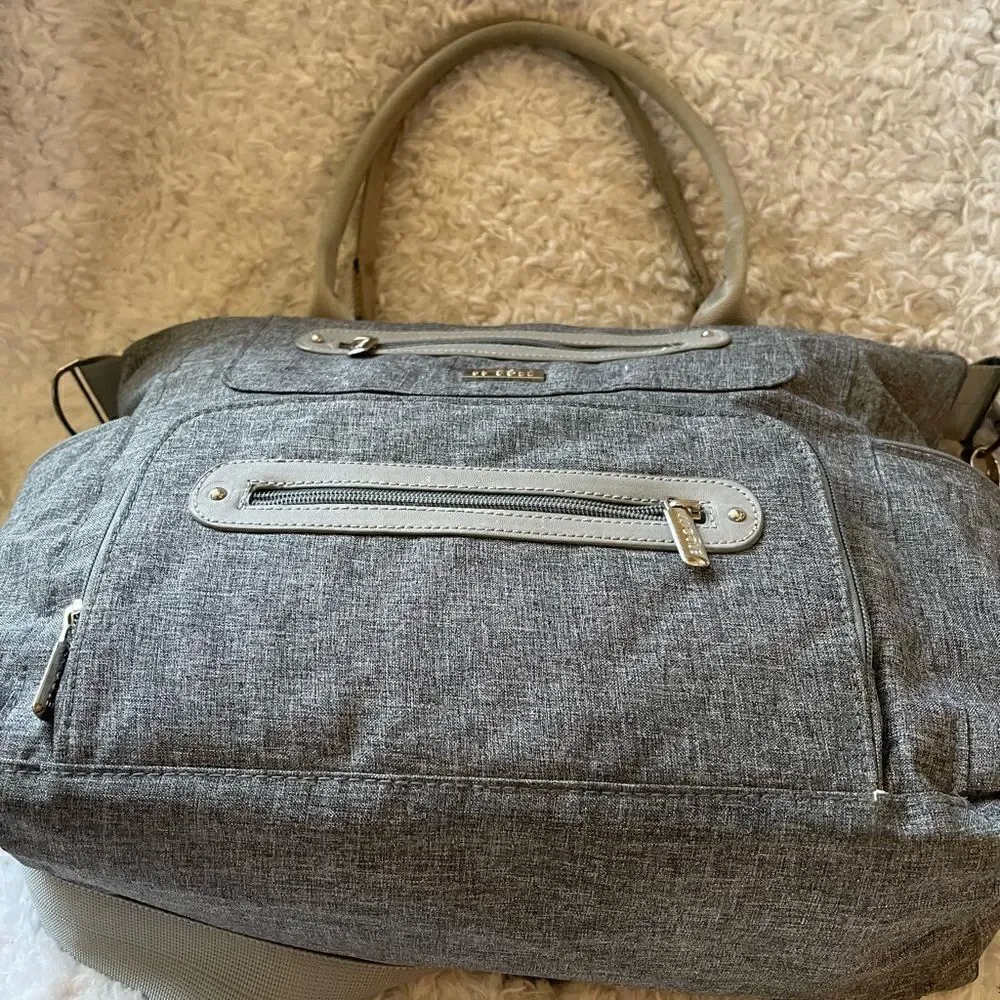 JJ Cole light gray fabric Caprice diaper bag aqua blue lining .